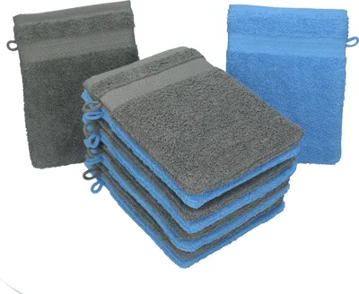 Produktbild von Betz 10 Stück Waschhandschuhe 16x21 cm PREMIUM 100% Baumwolle Farbe: hellblau und anthrazit