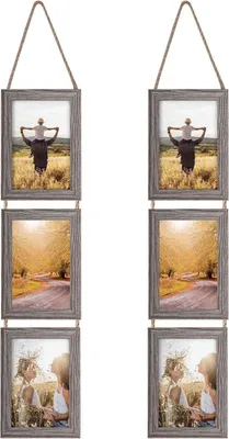 Two vertical photo frame arrangements hanging against a white background.
