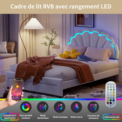 Image de UnboxG Lit rembourré 140x200cm avec LED, Lit de rangement pour adolescents avec 2 tiroirs, Lit double avec sommier à lattes, Lit fonctionnel, Beige