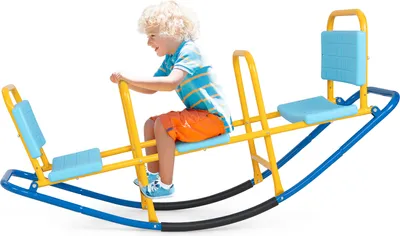 Produktbild von COSTWAY 3 Sitzer Schaukelwippe, Gartenwippe bis 100 kg belastbar, Kinder Wippe In- und Outdoor, Kinderwippe Metall Karussellwippe ideal für Kinder 3-8 Jahren (Blau)
