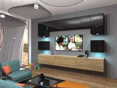 Produktbild von Furnitech Wohnwand Wohnzimmer - Wohnzimmer Möbel mit LED RGB - Hängend Wohnwand Modern - Wohnzimmer Schrankwand(Nowara AN1-17BS-HGM31 1B)