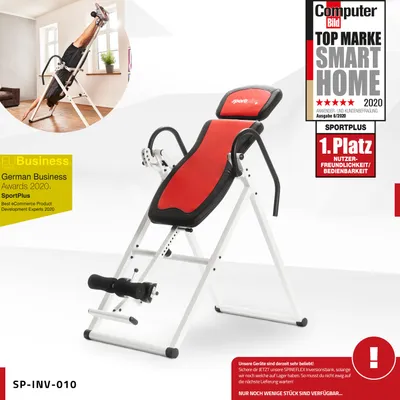 A red and black inversion table is shown from multiple angles, with promotional text and awards.