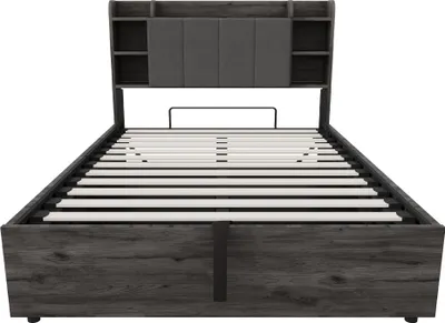 Produktbild von Flieks Jugendbett 140x200cm mit Stauraumkopfteil, Stauraumbett Klassisches Bett mit Lattenrost, Holzbett Doppelbett Boxspringbett mit Staufach, Grau