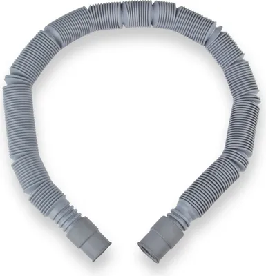 A gray, flexible, corrugated hose with connectors on both ends, laid out in a U-shape on a white background.
