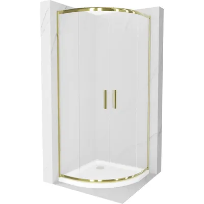 Obrázek produktu pro Mexen Rio půlkruhový sprchový kout 90 x 90 cm, Vzor jinovatky, Zlatá + sprchová vanička Flat, Bílá - 863-090-090-50-30-4110G