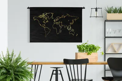 Produktbild von MuchoWow® Wandteppich Wandbehang Goldene Weltkarte auf schwarzem Hintergrund 150x100 cm Tapisserie Dekoration Wandtuch - Waschbar - Tapisserien - Wand-Decke