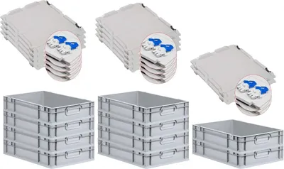 Produktbild von SuperSparSet 10x Eurobox NextGen Grip mit Scharnierdeckel und blauen Schiebeschnappverschlüssen | HxBxT 12x40x60cm | 23 Liter | Grau | Griffe geschlossen | Glatter Boden | Eurobehälter, Transportbox, Transportbehälter, Stapelbehälter