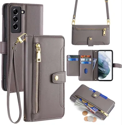 Produktbild von Handykette Samsung Hülle mit Band Handyhülle Kartenfächer Kunstleder Umhängetasche Galaxy S21+ Grau