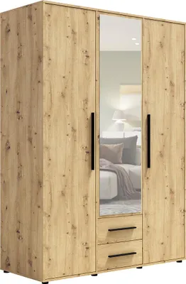 Produktbild von Schlafzimmer Kleiderschrank mit 150 cm Breite, Eiche mit schwarzen Griffen, mit 3 Türen & 2 Schubladen - MOLLERUSA-132
