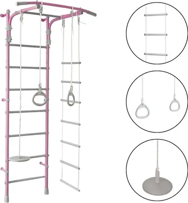 Produktbild von Sprossenwand für Kinder Indoor Klettergerüst aus Metall mit Strickleiter und Gymnastikräder – Gamma Pastell 2, rosa