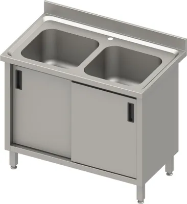 Produktbild von Spülschrank mit zwei Becken und Schiebetüren, mit Aufkantung, 1000 mm x 600 mm x 850 mm (BxTxH)
