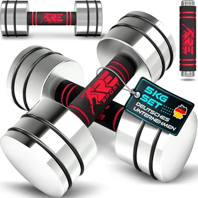 Zdjęcie produktu dla RE:SPORT® Zestaw 2 sztuk hantli z litej stali, kolor czerwony, 2 x 5 kg | Hantle z obciążeniem i uchwytem z pianki | Hantle do domowej siłowni, trening siłowy i budowa masy mięśniowej