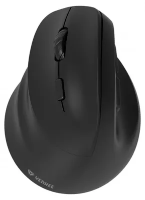 A black ergonomic wireless mouse is shown from a top-down perspective against a white background.