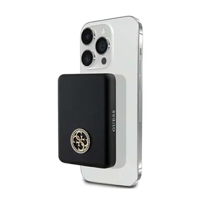 A black power bank with a gold Guess logo is attached to the back of a white smartphone.