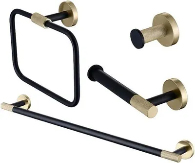 Productafbeelding van Badkamer Accessoires Set - Wandmontage Set - Handdoeken Ophangen - Roestvrij Staal - 12 Delig - Rosé Goud Zwart
