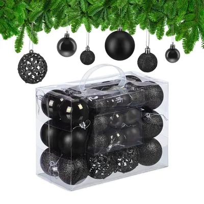 Produktbild von Relaxdays Weihnachtskugeln 50er Set, glitzernde, matte & glänzende Christbaumkugeln, Kunststoff, ∅ 3, 4 & 6 cm, schwarz