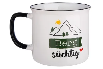Produktbild von GILDE Tasse / Becher, "Berg süchtig", Schriftzug, Keramik, weiß, VE 6, L. 9.8 cm, B. 13.2 cm, H. 8.7 cm