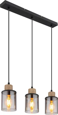 A three-light pendant chandelier with black metal accents, wood details, and smoked glass shades.