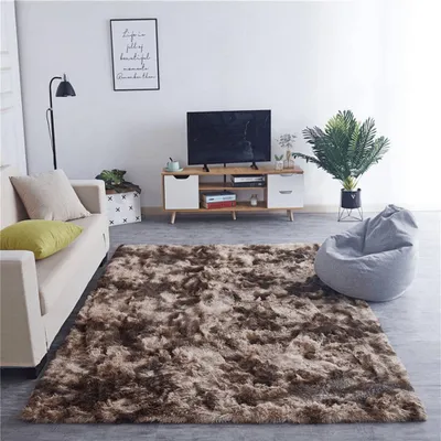 A cozy living room scene with a sofa, TV, and a large shaggy rug.
