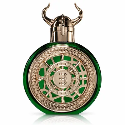 Frasco de perfume Bharara Viking Dubai Parfum unisex de 100 Ml, verde y dorado, sobre fondo blanco.