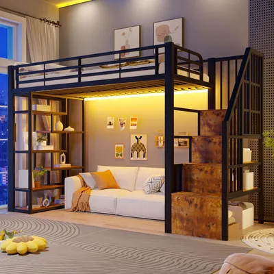 Image de Lit superposé Merax, 90x200 cm, lit simple en hauteur en métal, pour enfants et adolescents, avec éclairage LED, étagère, marches, barrières de sécurité, espace de rangement ouvert, couleur noire