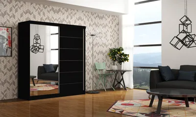 Produktbild von Krudox INFI Kleiderschrank Schiebetür Schwarz 150x200x62 cm mit Spiegel Kleiderstange Schlafzimmer Mehrzweckschrank