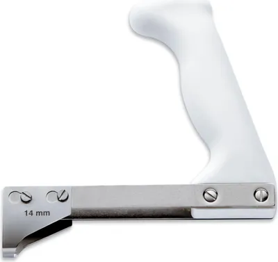 A product shot of a kitchen tool with a white handle and a metal blade.