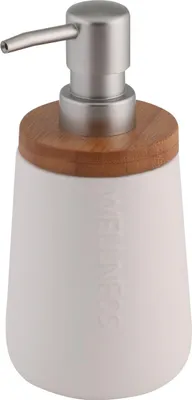 Obrázok produktu pre Dávkovač mydla Axentia Bonja Wellness 450 ml s bambusovým viečkom, biely, Ø 8,5 x V 17 cm, na mydlo, šampón, telové mlieko, prostriedok na umývanie riadu, krém na ruky