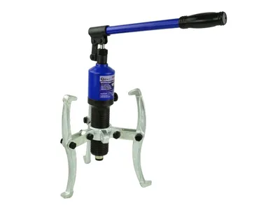 A hydraulic bearing puller with a blue hydraulic cylinder and silver metal arms, set against a white background.