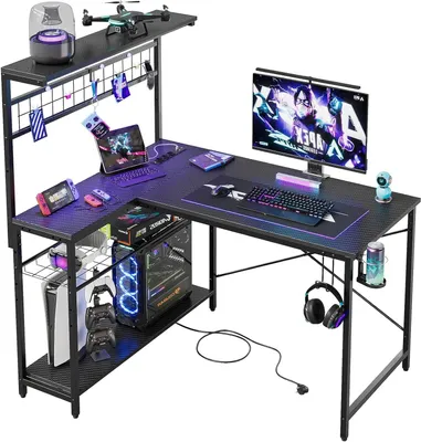 Produktbild von Eckschreibtisch - L-förmiger Schreibtisch - Computertisch - Arbeitsplatzmöbel - Gaming-Schreibtisch - Lila - Mit RGB-LED-Beleuchtung