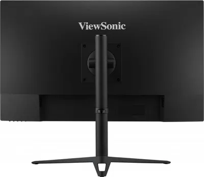 The back of a black ViewSonic computer monitor with its stand.