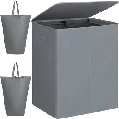 Zdjęcie produktu dla Koszyk Wasmand z pokrywą - Składany kosz - Sortowanie ubrań - Dwa pojemniki - 154 litry - Szary