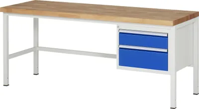 Produktbild von Werkbank mit 2 Schubladen - Teilauszug - 150:1 / 210:1 - 840 x 2.000 x 700 mm (HxBxT) - Traglast 1.250 kg - Buche