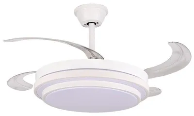 Image de Ventilateur de plafond DRW Victoria avec lumière et 4 pales rétractables, de couleur blanche, dimensions : 53 x 106 x 106 cm