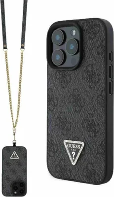 Produktbild von Guess, Hülle für iPhone 16 Pro Max Serie 4G Strass Dreieck mit Umhängegurt, Schwarz