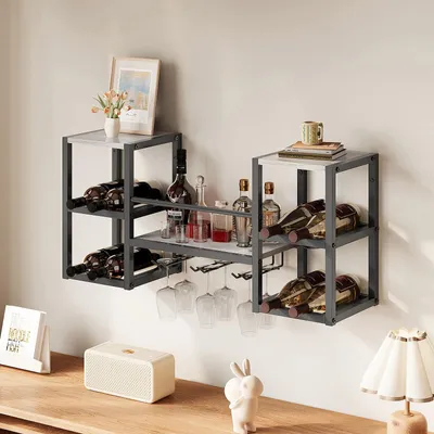 Obrázek produktu pro Nástěnný stojan na víno, 3 úrovně, s 6 držáky na sklenice, určený k montáži na zeď