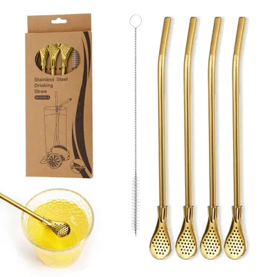 Edelstahl-Trinkhalme 4er-Set, 304 Edelstahl, gold, mit Filterlöffel
