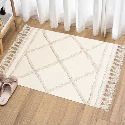 Obrázok produktu pre Malá bavlnená kúpeľňová rohož v štýle boho, 60 x 90 cm, béžová