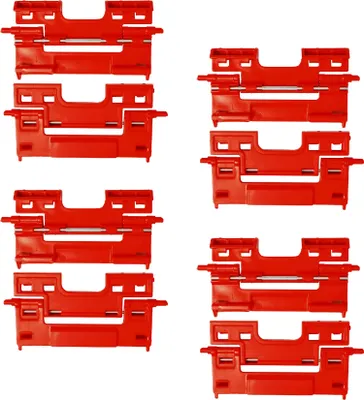 A set of red plastic connectors for toolboxes, arranged in two columns on a white background.