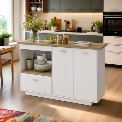 Produktbild von Kücheninsel mit Klappbarer Arbeitsplatte, Kücheninselschrank mit 1 Schubladen und 2 Türen, Buffet, Weiß und Eiche-Optik, MDF, 150 x 40/80 x 91 cm