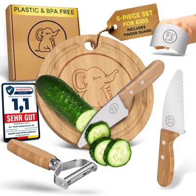 Produktbild von Eli®Sada dětských nožů z nerezové oceli, vysoce kvalitní 4dílná sada dětských kuchyňských nožů, nůž s ochranou prstů a škrabkou, sada dětských kuchařs