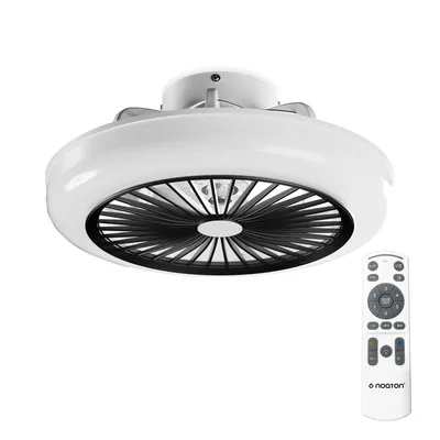 A white ceiling fan with black blades and a remote control.