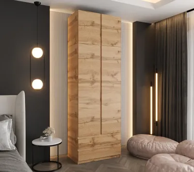 Produktbild von Drehtürenschrank 240x70x48 cm Eiche Wotan mit Aufsatz und 2 Schubladen – Moderner Kleiderschrank ideal für Schlafzimmer und Flur