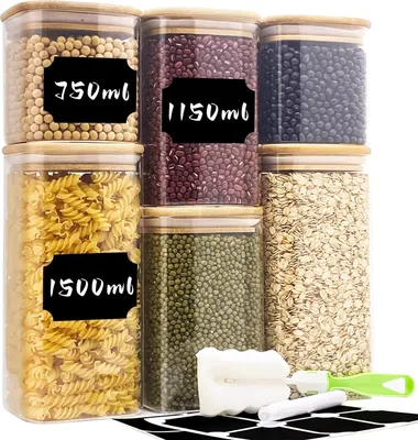 Produktbild von Glas Vorratsbehälter Set von 6 - 750 ml/1150 ml/1500 ml - rechteckig - mit Holzdeckel - für Pasta, Müsli, Bohnen, Cornflakes