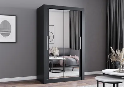 Produktbild von Easy4You MN Schwarz Schiebetürenschrank Kleiderschrank 120x215x64 cm mit Spiegel - Schlafzimmermöbel, Aufbewahrung – Mehrzweckschrank mit 2 Kleiderstangen