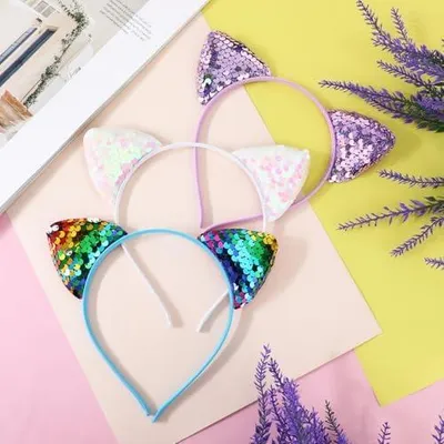Produktbild von 3 Stück Katzenohren-Stirnbänder mit Glitzer, Katzenohren-Haarreife und Kopfschmuck als Zubehör für Frauen und Mädchen, für Partys, Weihnachten, Halloween und Dekorationen