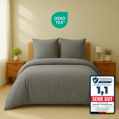 Produktbild von Komfortec Premium Bettwäsche 240x220 cm Bettbezug + 80x80 cm 2 Kissenbezüge, gebürstet 100% Polyester-Mikrofaser 120 g/m², 3teiliges Set, Grau