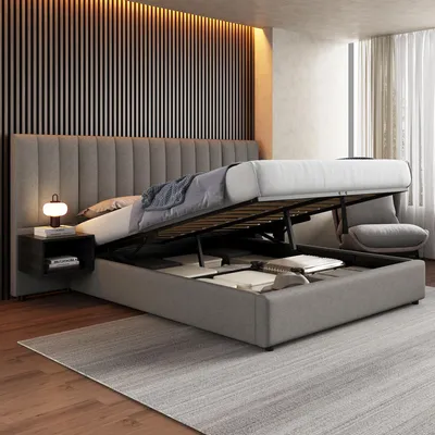 Zdjęcie produktu dla Łóżko tapicerowane, 160 x 200 cm, z hydraulicznym pojemnikiem na pościel, stelażem, idealne do pokoju dziecięcego i młodzieżowego, obicie z lnu, kolor: szary i czarny