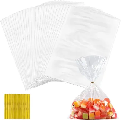 Immagine prodotto di Sacchetti trasparenti in cellophane, dimensioni 20x30 cm, confezione da 100 pezzi, con nastri "torsadé", ideali per confezioni regalo