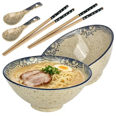 Imagen del producto de Juego de 2 cuencos de cerámica para ramen, con cucharas y palillos